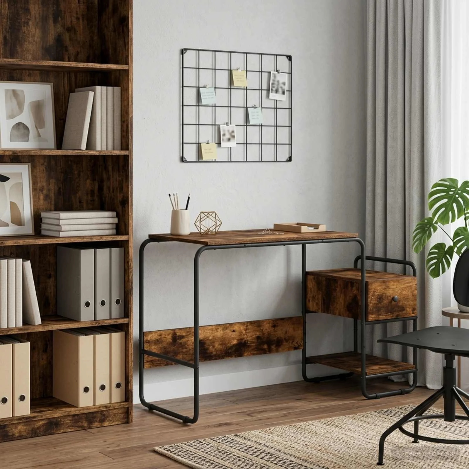 Bureau avec rangement 131,5 x 50 x 75,5 cm chêne fumé bois d'ingénierie – vue d’ensemble