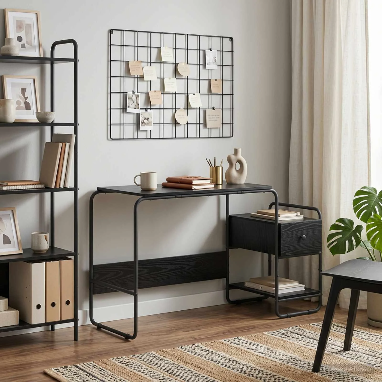 Bureau avec rangement 131,5 x 50 x 75,5 cm chêne noir bois d'ingénierie – vue d’ensemble