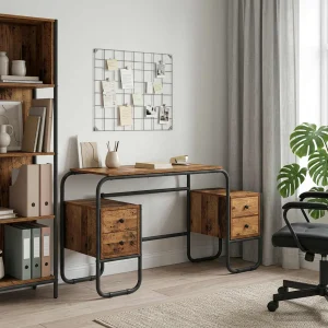 Bureau avec rangement 145 x 50 x 75 cm bois ancien bois d'ingénierie – vue d’ensemble