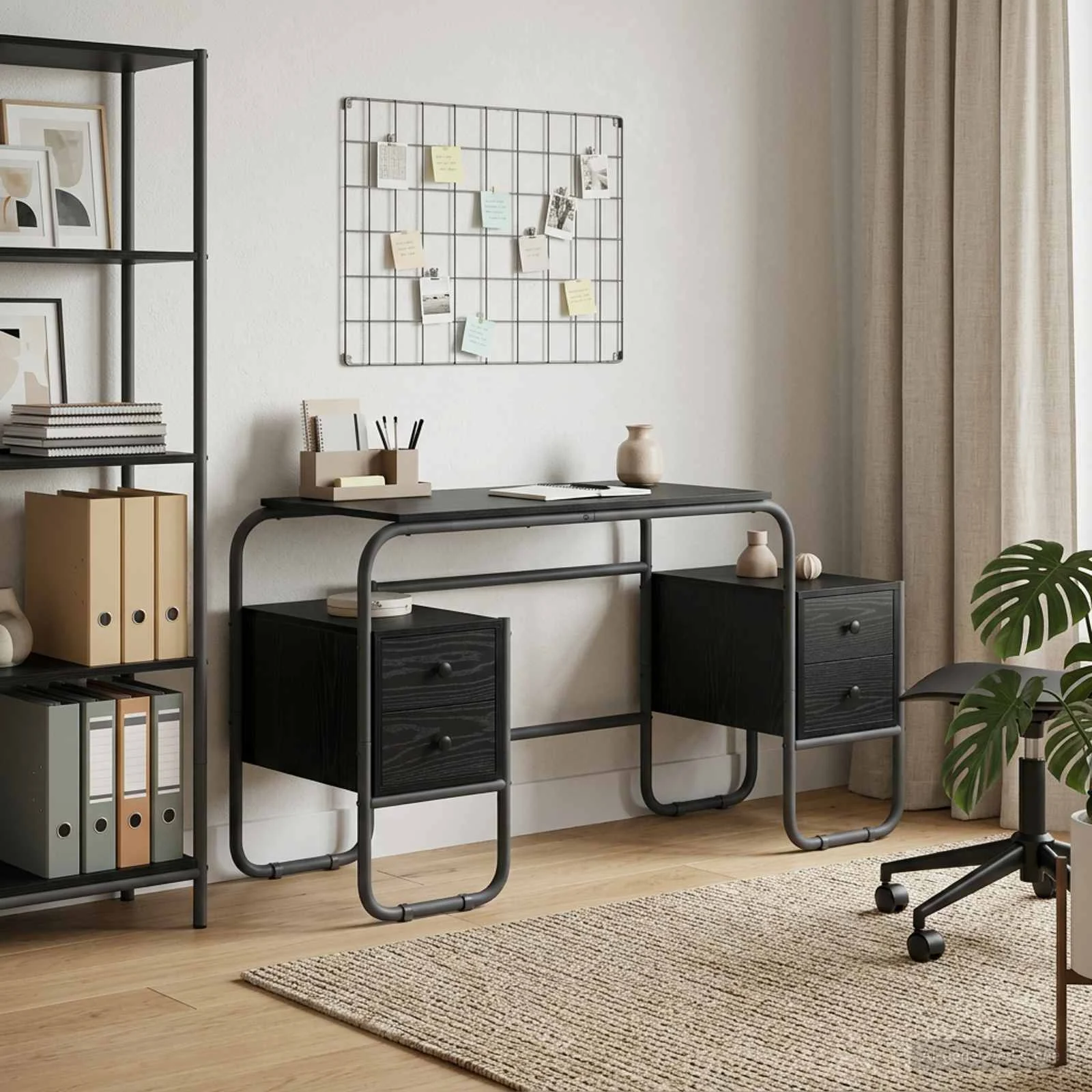 Bureau avec rangement 145 x 50 x 75 cm chêne noir bois d'ingénierie – vue d’ensemble