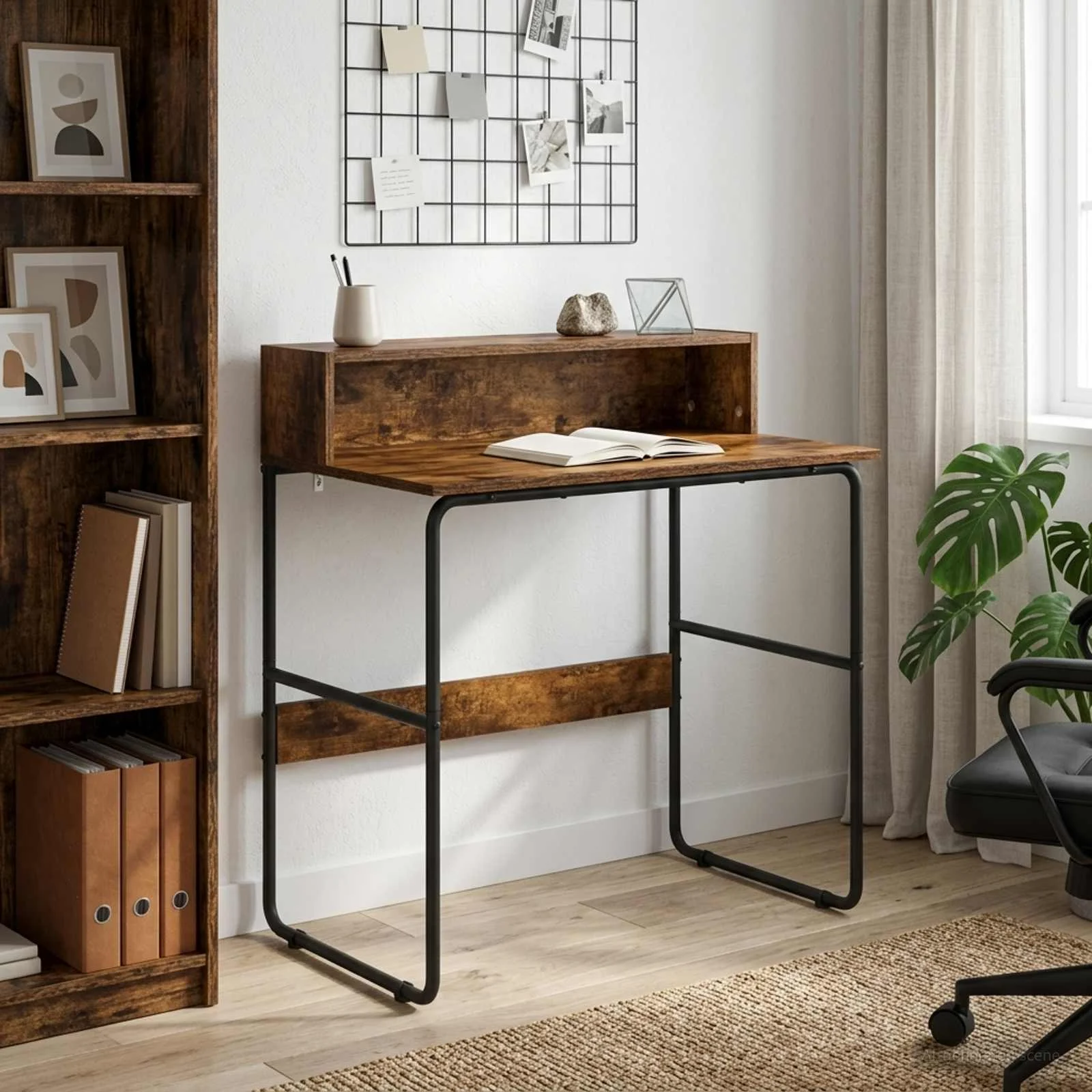 Bureau avec rangement 80 x 50 x 91 cm chêne fumé bois d'ingénierie – vue d’ensemble