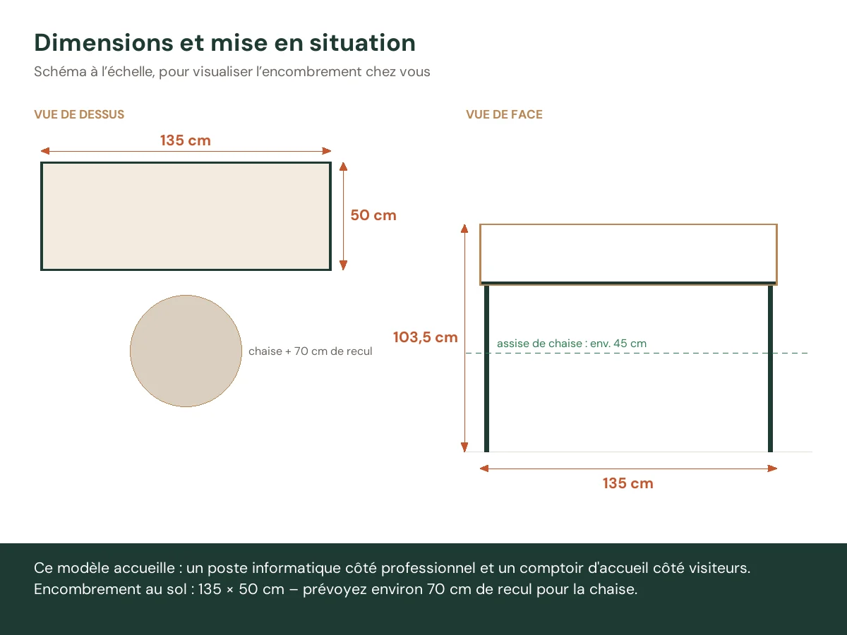 Bureau réception 135 x 50 x 103,5 cm chêne artisanal bois d'ingénierie – vue de face