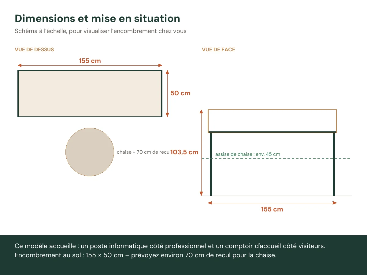 Bureau de réception 155 x 50 x 103,5 cm noir bois d'ingénierie – vue de face