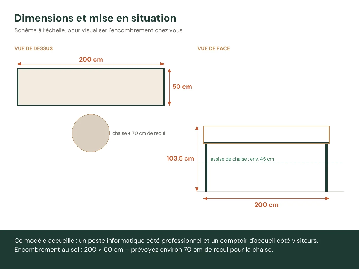 Bureau de réception 200 x 50 x 103,5 cm chêne fumé bois d'ingénierie – modèle 2 – vue de face