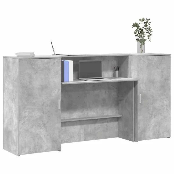 Bureau de réception 200 x 50 x 103,5 cm gris béton bois d'ingénierie – modèle 2 – vue d’ensemble