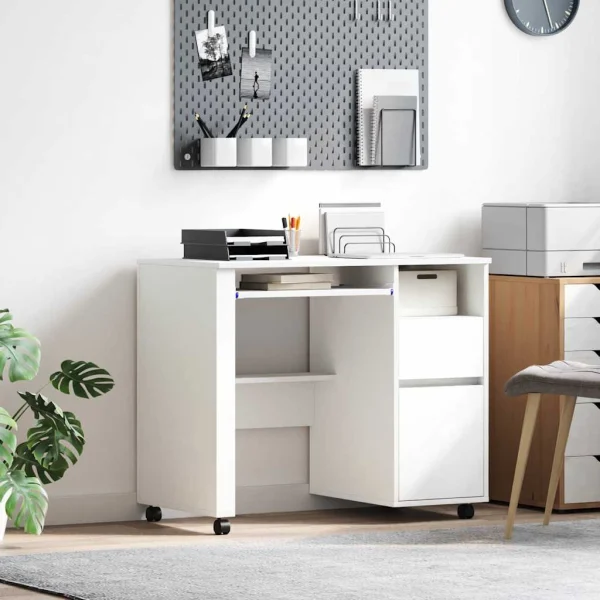 Bureau avec roues 91 x 50 x 77 cm blanc bois d'ingénierie – vue d’ensemble