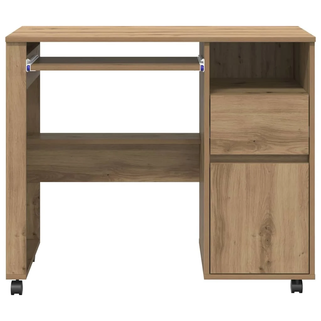 Bureau avec roues 91 x 50 x 77 cm chêne artisanal bois d'ingénierie – vue de dos