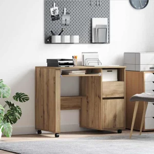 Bureau avec roues 91 x 50 x 77 cm chêne artisanal bois d'ingénierie – vue d’ensemble
