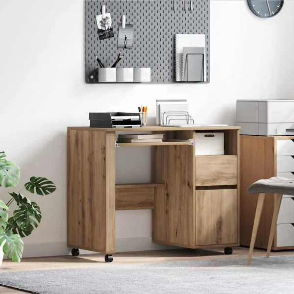 Bureau avec roues 91 x 50 x 77 cm chêne artisanal bois d'ingénierie – vue d’ensemble