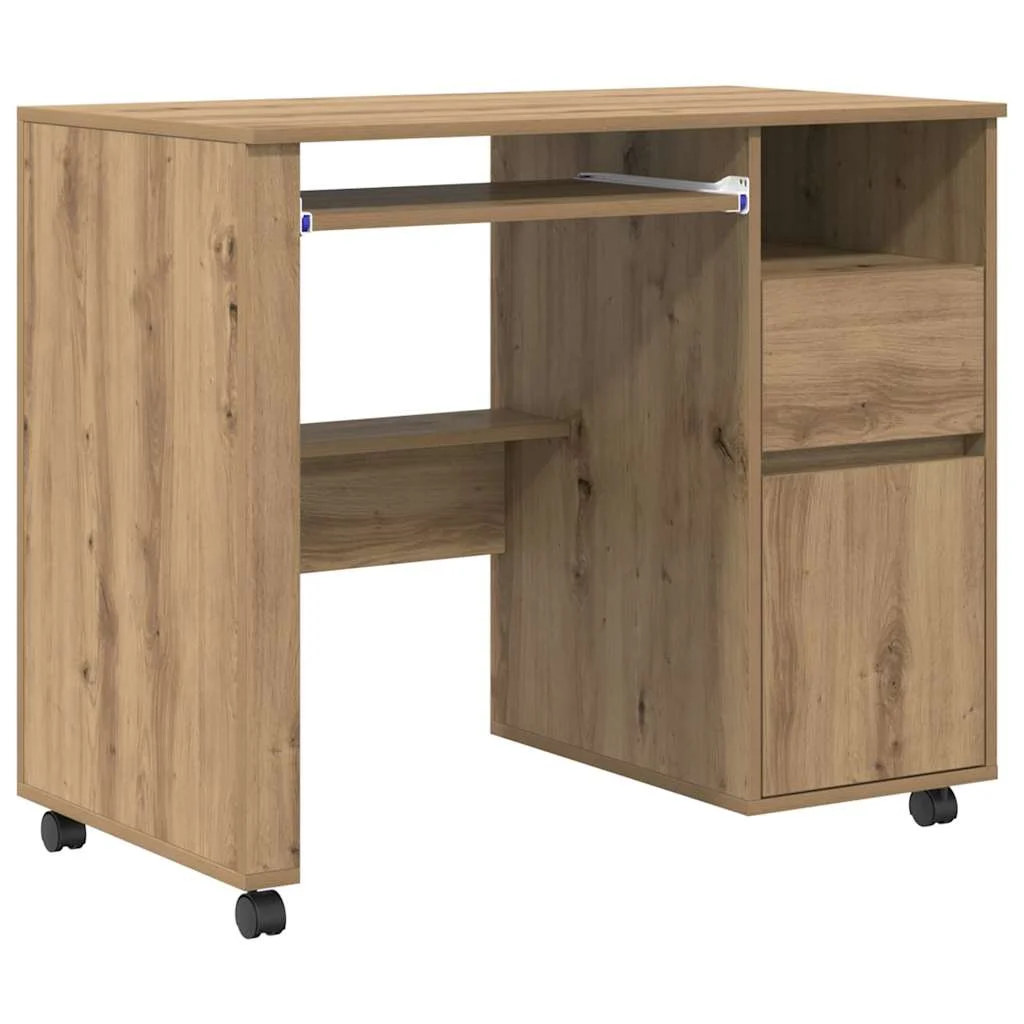 Bureau avec roues 91 x 50 x 77 cm chêne artisanal bois d'ingénierie – vue de côté
