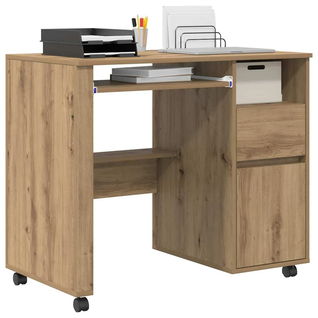 Bureau avec roues 91 x 50 x 77 cm chêne artisanal bois d'ingénierie – vue de détail