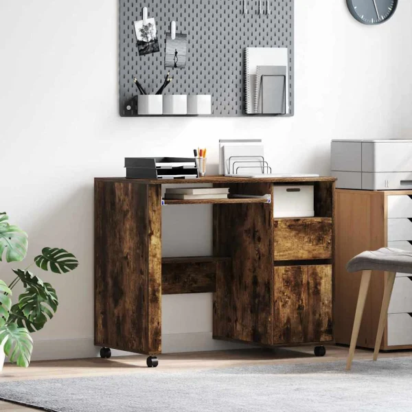 Bureau avec roues 91 x 50 x 77 cm chêne fumé bois d'ingénierie – vue d’ensemble