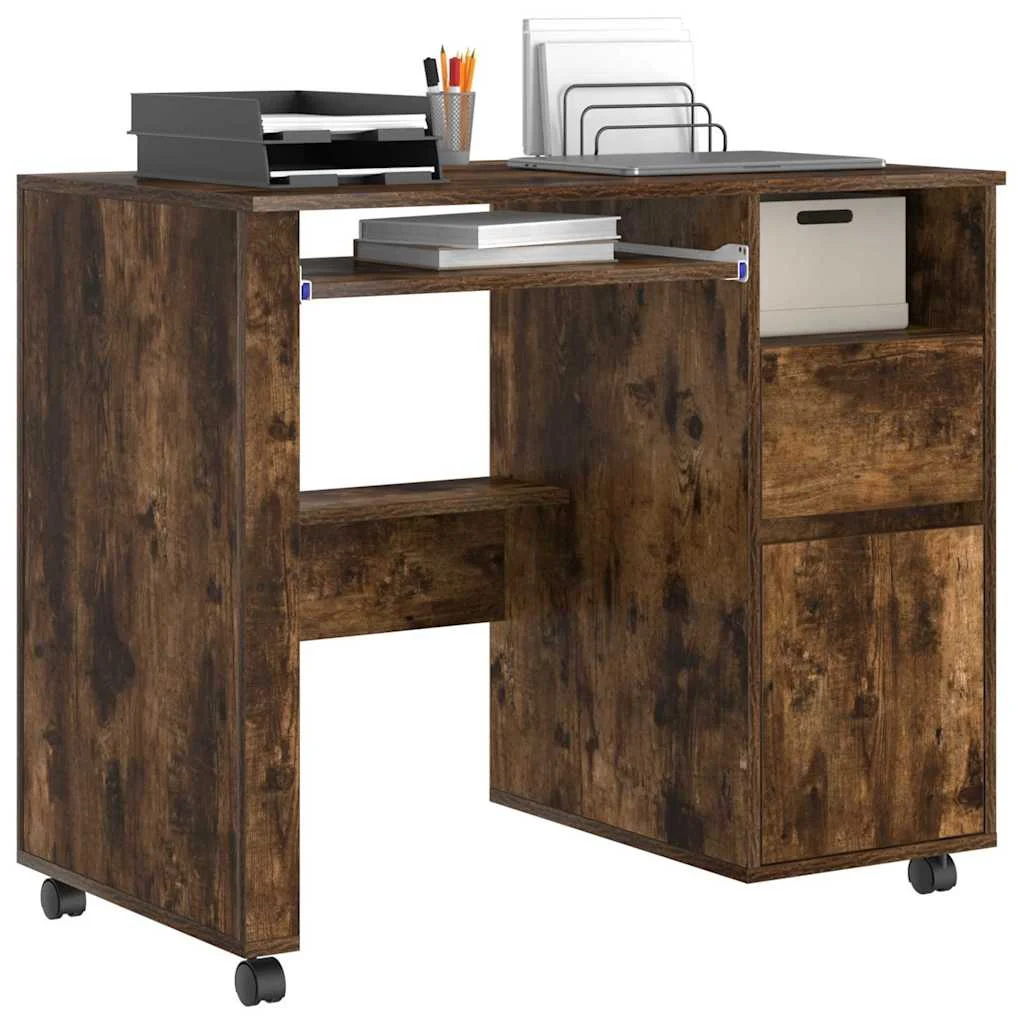 Bureau avec roues 91 x 50 x 77 cm chêne fumé bois d'ingénierie – vue de détail