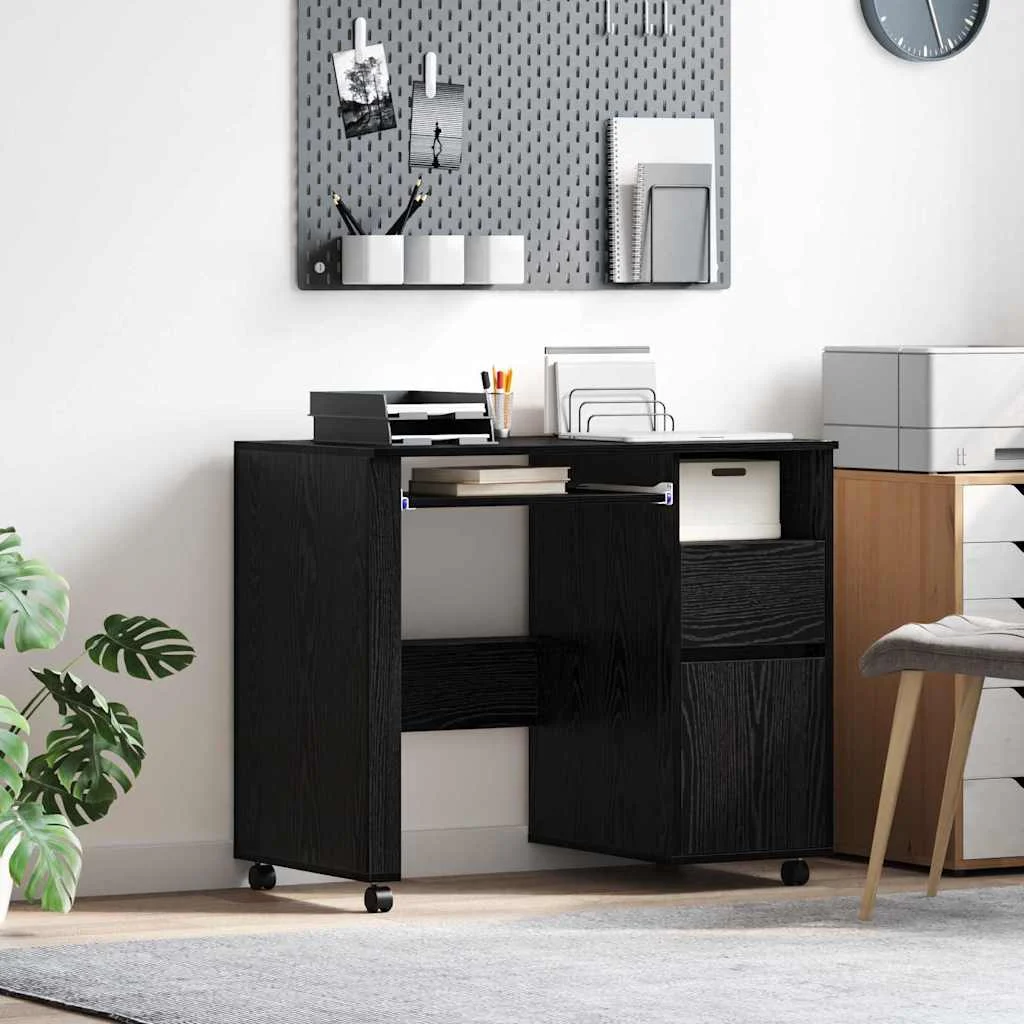 Bureau avec roues 91 x 50 x 77 cm chêne noir bois d'ingénierie – vue d’ensemble