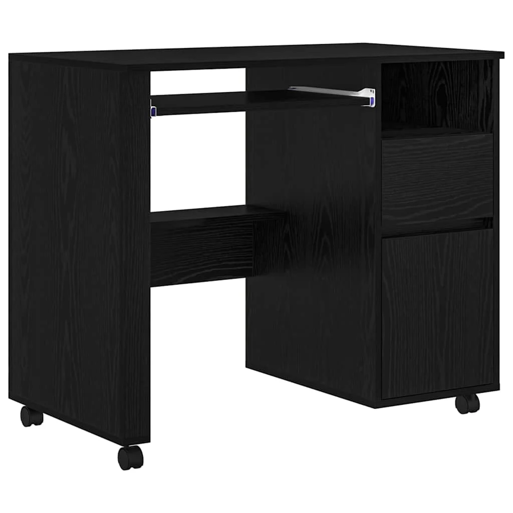Bureau avec roues 91 x 50 x 77 cm chêne noir bois d'ingénierie – vue de côté