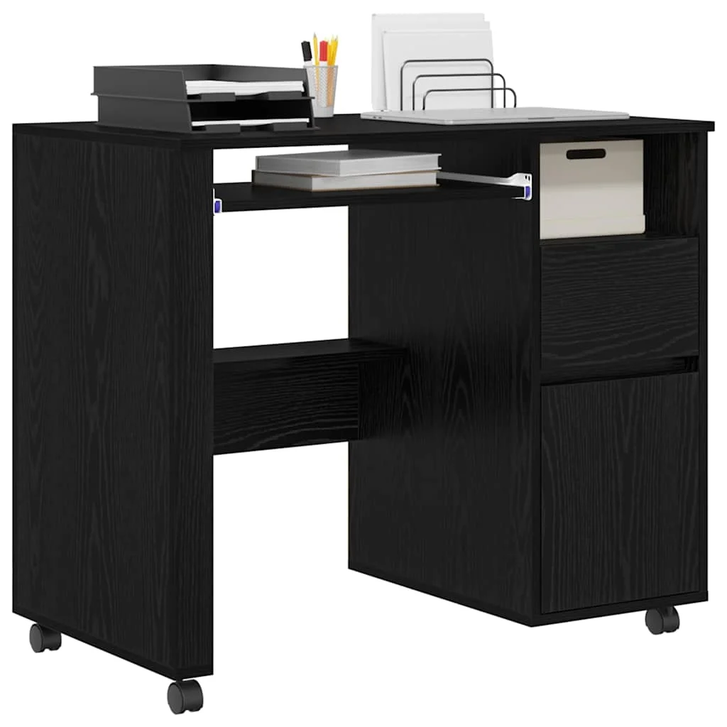Bureau avec roues 91 x 50 x 77 cm chêne noir bois d'ingénierie – vue de détail