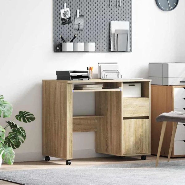 Bureau avec roues 91 x 50 x 77 cm chêne sonoma bois d'ingénierie – vue d’ensemble