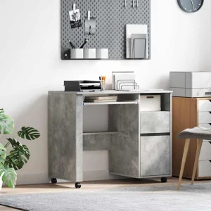 Bureau avec roues 91 x 50 x 77 cm gris béton bois d'ingénierie – vue d’ensemble