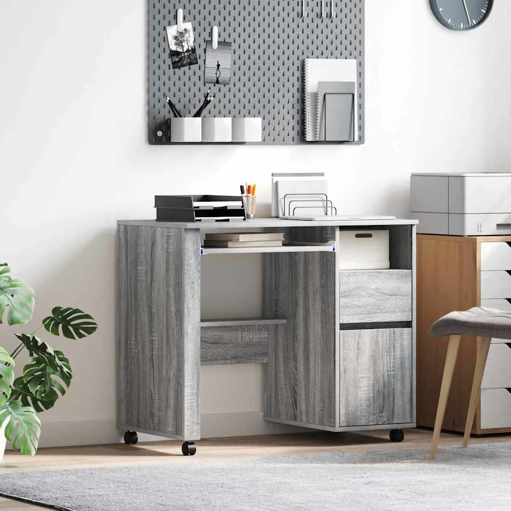Bureau avec roues 91 x 50 x 77 cm sonoma gris bois d'ingénierie – vue d’ensemble