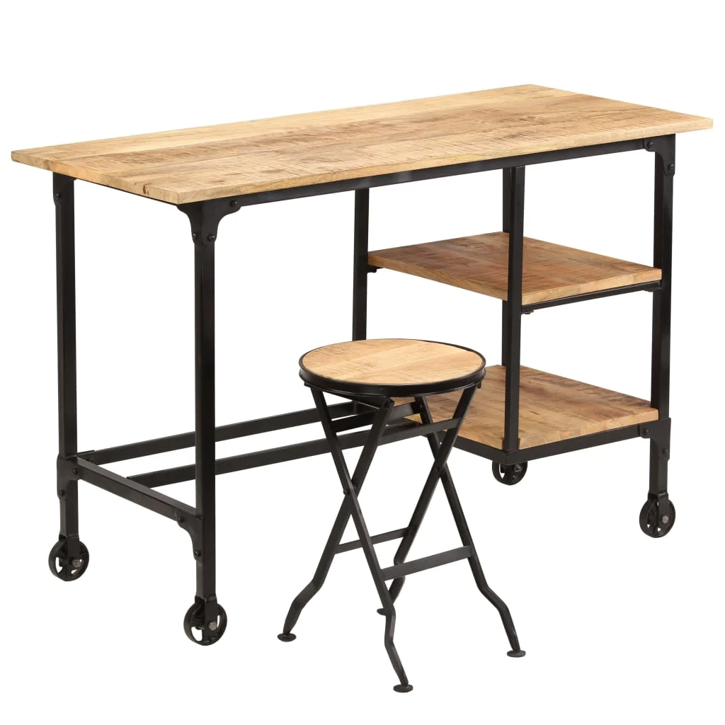 Bureau avec tabouret pliant 115 x 50 x 76 cm brun bois massif de manguier – vue de dessus