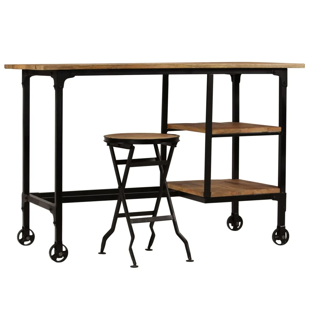 Bureau avec tabouret pliant 115 x 50 x 76 cm brun bois massif de manguier – vue de dos