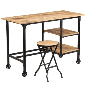 Bureau avec tabouret pliant 115 x 50 x 76 cm brun bois massif de manguier – vue d’ensemble