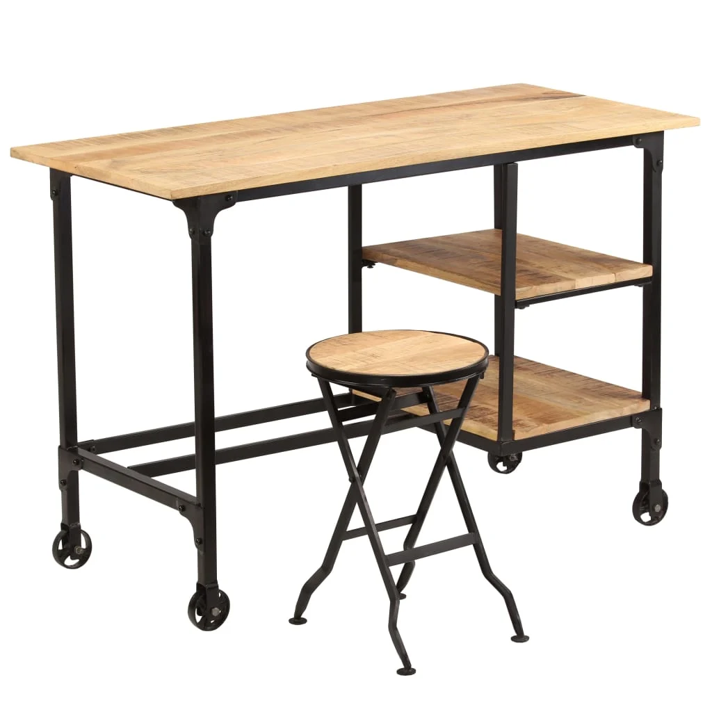 Bureau avec tabouret pliant 115 x 50 x 76 cm brun bois massif de manguier – vue en situation