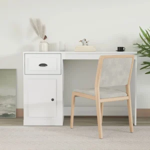 Bureau avec tiroir 115 x 50 x 75 cm blanc brillant bois d'ingénierie – vue d’ensemble