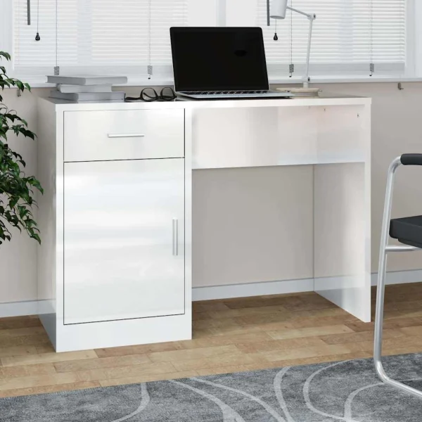Bureau avec tiroir et armoire 100 x 40 x 73 cm blanc brillant bois d'ingénierie – vue d’ensemble