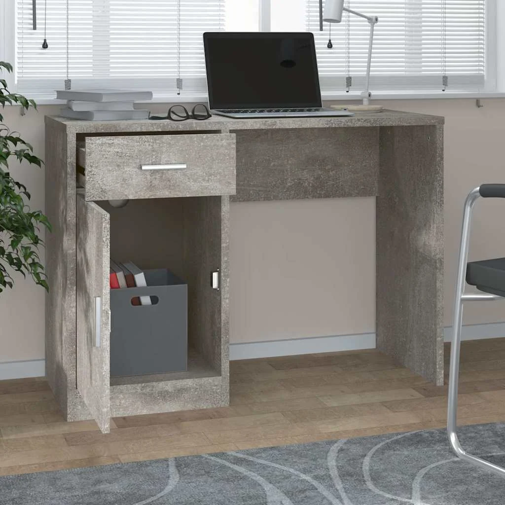 Bureau avec tiroir et armoire 100 x 40 x 73 cm gris béton bois d'ingénierie – vue de détail