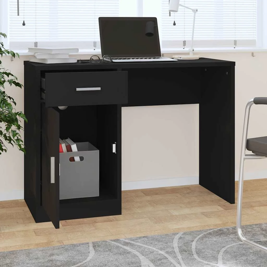 Bureau avec tiroir et armoire 100 x 40 x 73 cm noir bois d'ingénierie – vue de détail