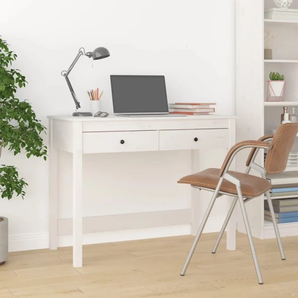 Bureau avec tiroirs 100 x 50 x 78 cm blanc bois massif – vue d’ensemble