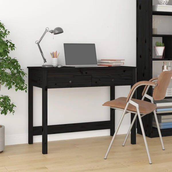 Bureau avec tiroirs 100 x 50 x 78 cm noir bois massif – vue d’ensemble