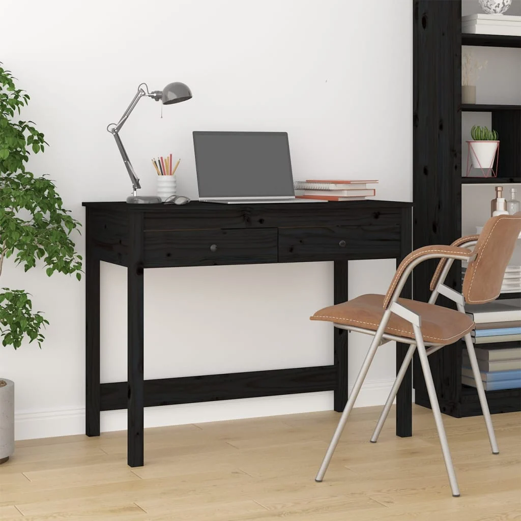 Bureau avec tiroirs 100 x 50 x 78 cm noir bois massif – vue d’ensemble
