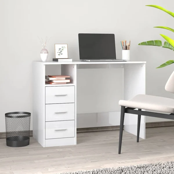 Bureau et tiroirs 102 x 50 x 76 cm blanc brillant bois d'ingénierie – vue d’ensemble