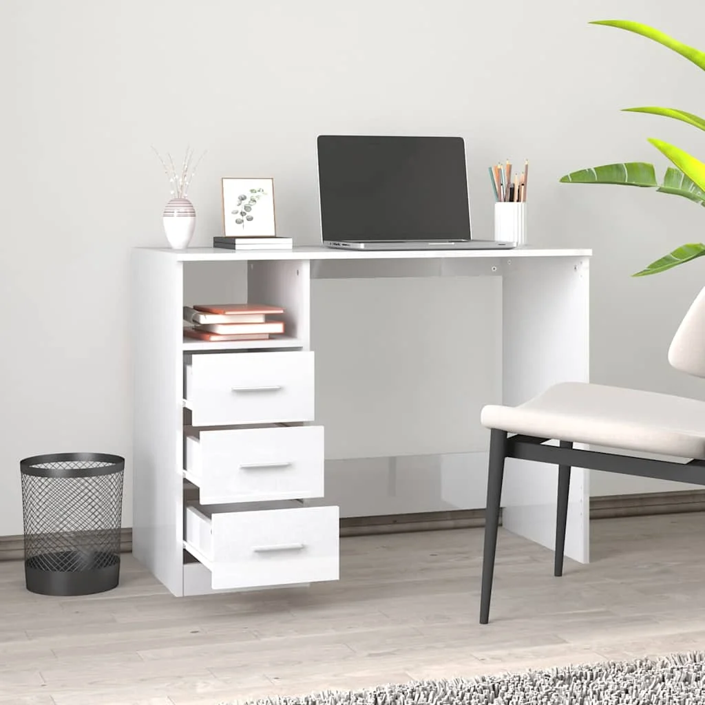 Bureau et tiroirs 102 x 50 x 76 cm blanc brillant bois d'ingénierie – vue de détail