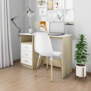 Bureau avec tiroirs 110 x 50 x 76 cm blanc et chêne sonoma aggloméré – vue d’ensemble