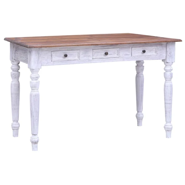 Bureau avec tiroirs 117 x 57 x 75 cm blanc et bois clair bois massif d'acajou – vue d’ensemble