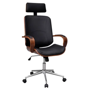 Chaise de bureau avec appuie-tête Bois cintré 64 x 64 x 124 cm noir et marron similicuir – vue d’ensemble