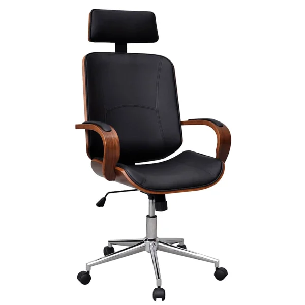 Chaise de bureau avec appuie-tête Bois cintré 64 x 64 x 124 cm noir et marron similicuir – vue d’ensemble