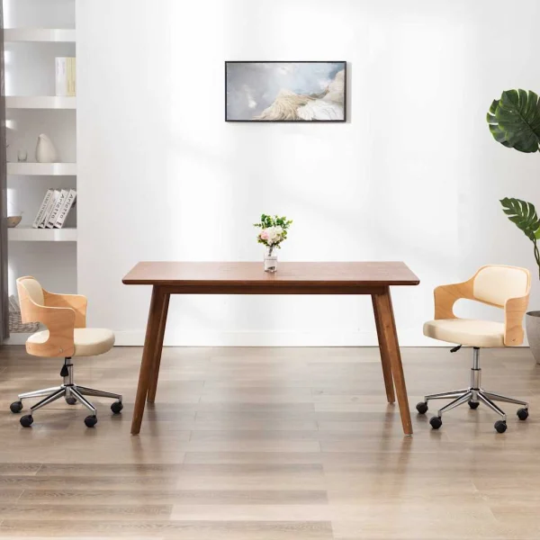 Chaise pivotante de bureau Bois courbé 47,5 x 53 x 76 cm crème similicuir – vue d’ensemble