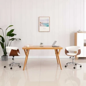 Chaise pivotante de bureau Bois courbé 59,5 x 58 x 74 cm blanc similicuir – vue d’ensemble