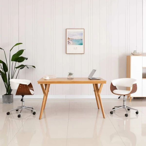 Chaise pivotante de bureau Bois courbé 59,5 x 58 x 74 cm blanc similicuir – vue d’ensemble