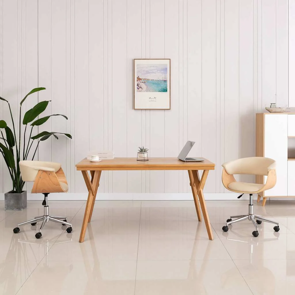 Chaise pivotante de bureau Bois courbé 59,5 x 58 x 74 cm crème similicuir – vue d’ensemble