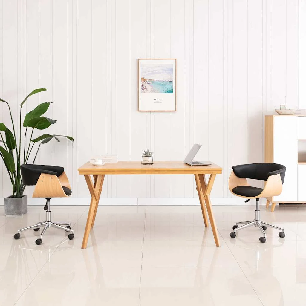 Chaise pivotante de bureau Bois courbé 59,5 x 58 x 74 cm noir et marron clair similicuir – vue d’ensemble
