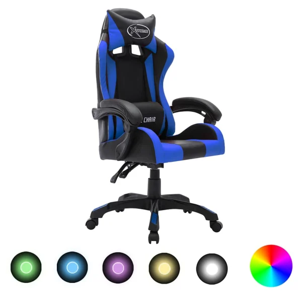 Fauteuil de jeux vidéo avec LED RVB 64 x 65 x 119 cm bleu et noir similicuir – vue d’ensemble