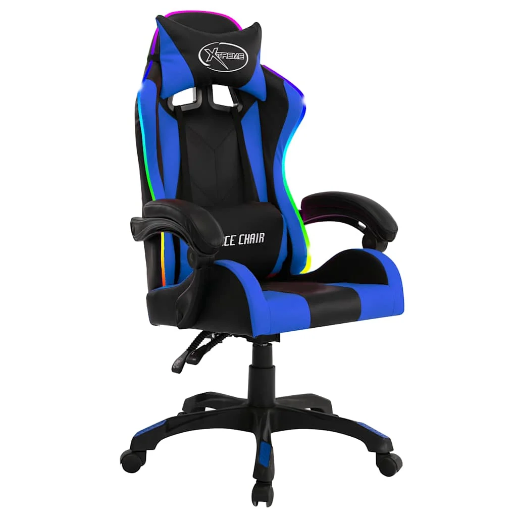 Fauteuil de jeux vidéo avec LED RVB 64 x 65 x 119 cm bleu et noir similicuir – vue de face