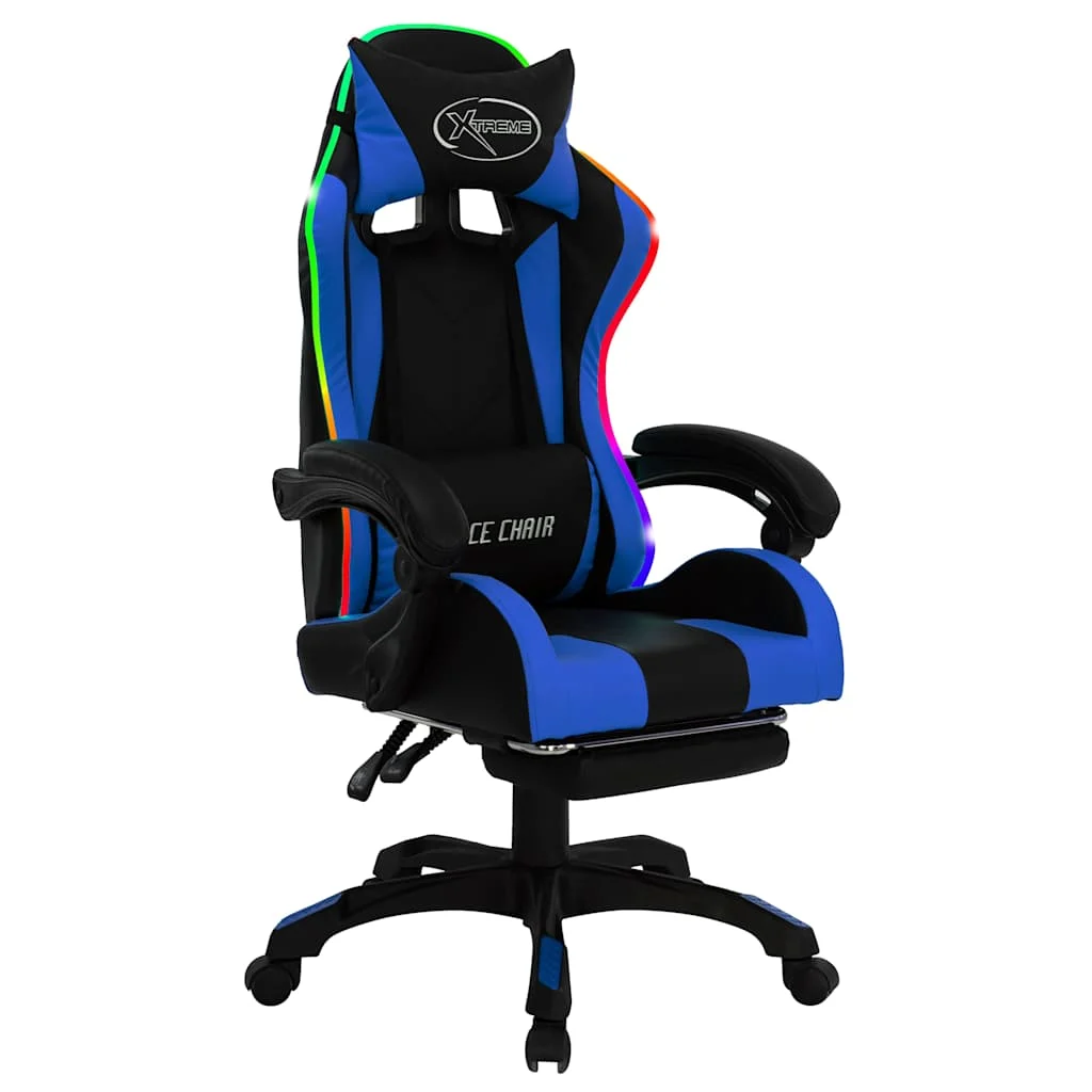 Fauteuil de jeux vidéo avec LED RVB 64 x 65 x 119 cm bleu et noir similicuir – modèle 2 – vue de face