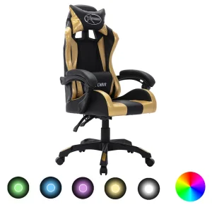 Fauteuil de jeux vidéo avec LED RVB 64 x 65 x 119 cm doré et noir similicuir – vue d’ensemble