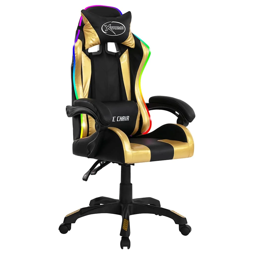 Fauteuil de jeux vidéo avec LED RVB 64 x 65 x 119 cm doré et noir similicuir – vue de face